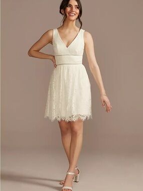 David's Bridal V-Neck Lace Short Sheath Party Dress Ivory Size 18 NWT